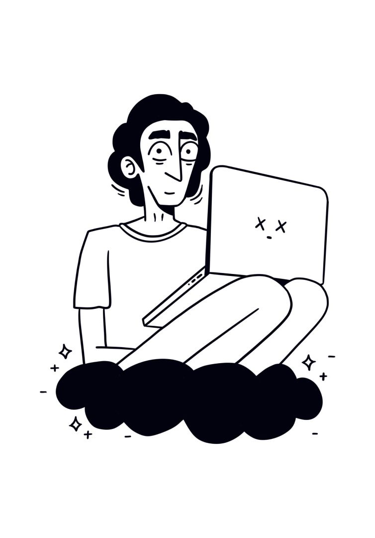 Illustrated self-portrait of Mona sitting on a cloud with a laptop